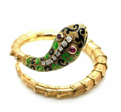 Diamond Ruby & Enamel 14k Yellow Gold Snake Flex Wrap Bangle Bracelet