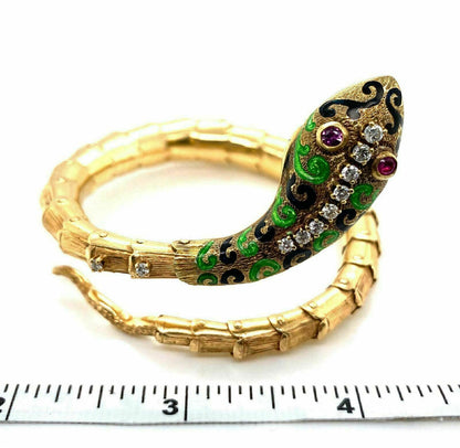 Diamond Ruby & Enamel 14k Yellow Gold Snake Flex Wrap Bangle Bracelet