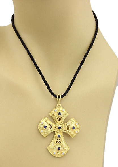 Byzantine Diamond & Sapphire 18k Gold Cross Necklace on Black Cord