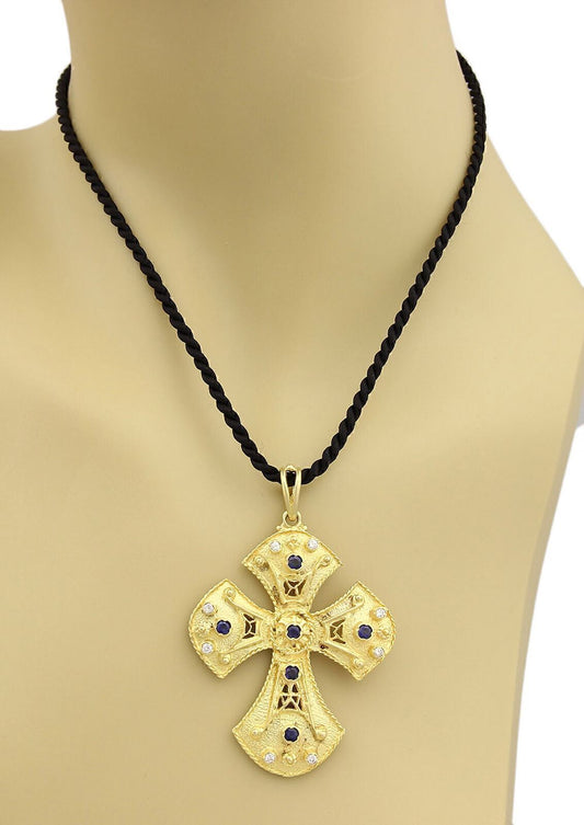 Byzantine Diamond & Sapphire 18k Gold Cross Necklace on Black Cord