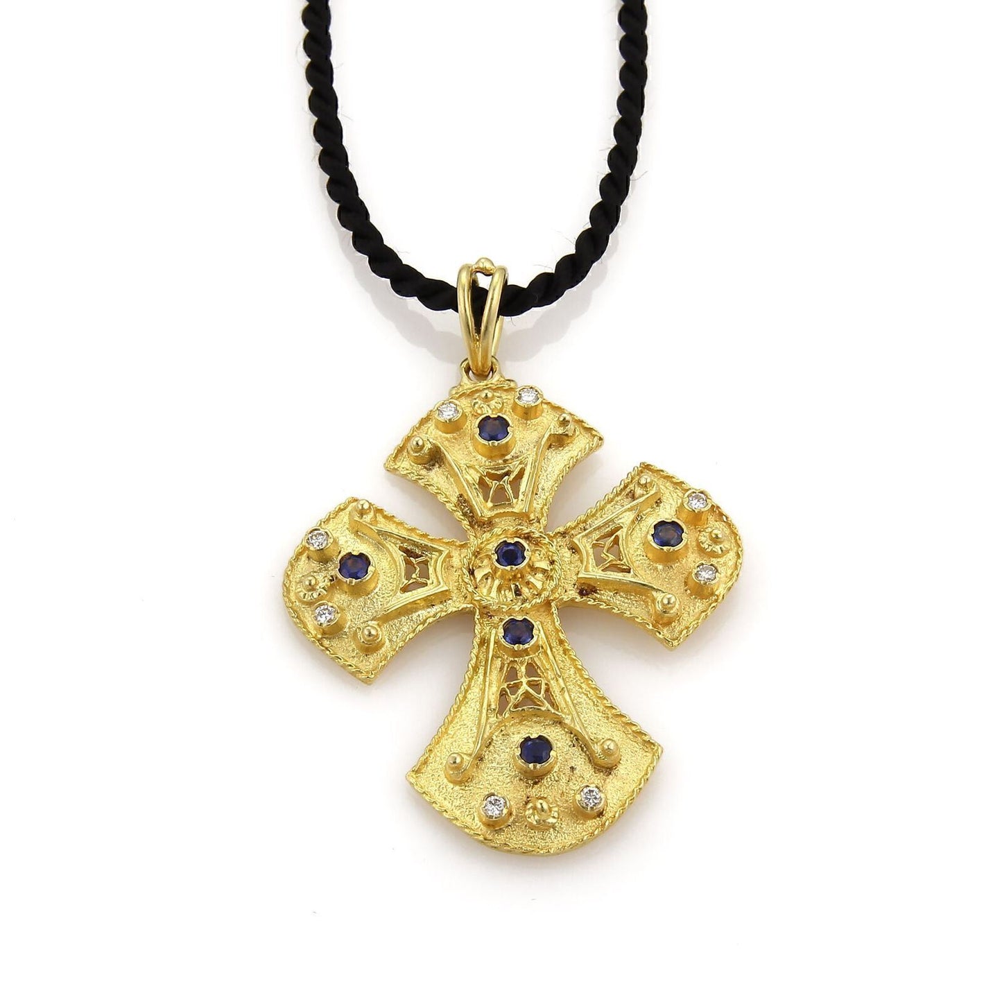 Byzantine Diamond & Sapphire 18k Gold Cross Necklace on Black Cord