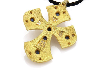 Byzantine Diamond & Sapphire 18k Gold Cross Necklace on Black Cord