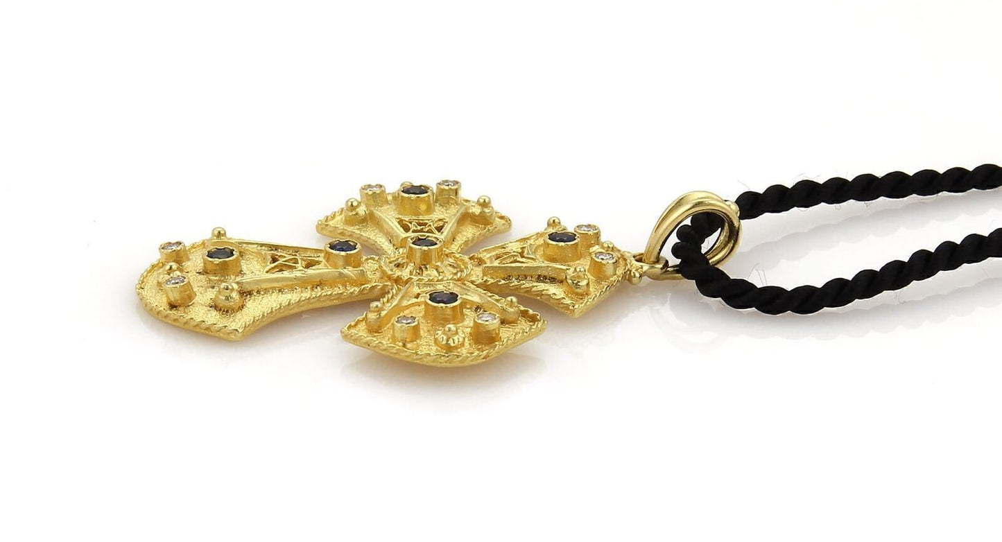 Byzantine Diamond & Sapphire 18k Gold Cross Necklace on Black Cord