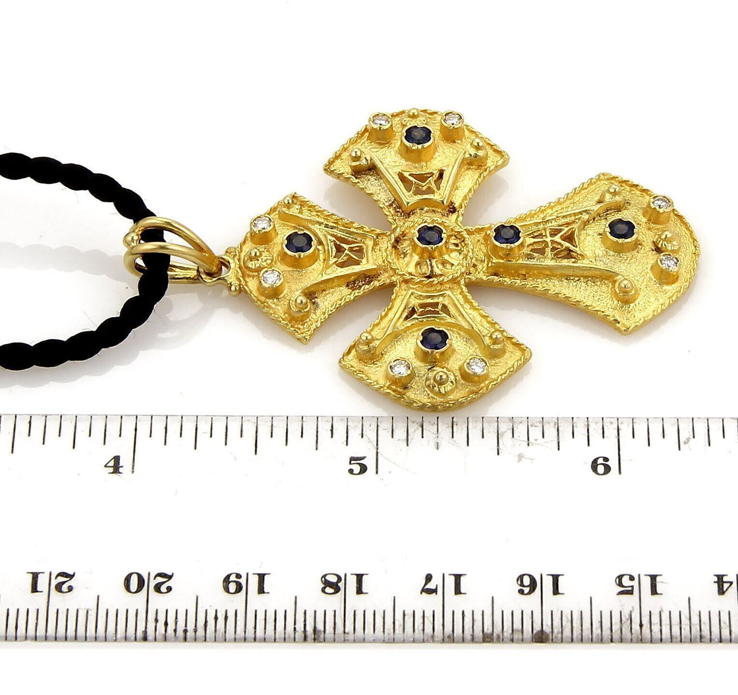 Byzantine Diamond & Sapphire 18k Gold Cross Necklace on Black Cord