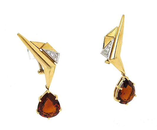 Orange Citrine Diamond 18k Yellow Gold Boomerang Style Dangle Earrings