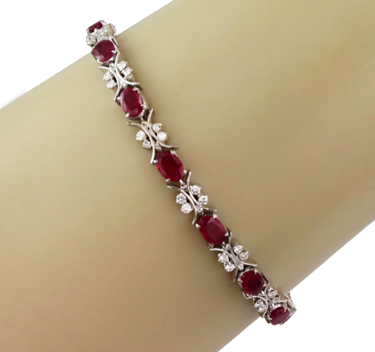 Ruby & Diamonds Oval Link 18k White Gold Tennis Bracelet