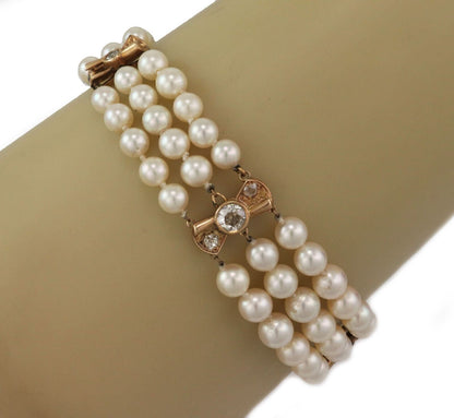 Mikimoto Diamond 14k Yellow Gold Triple Strand Akoya Pearl Bracelet