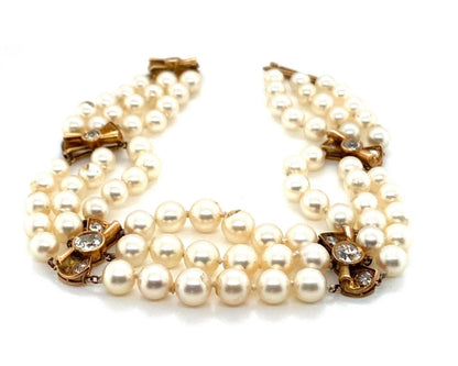 Mikimoto Diamond 14k Yellow Gold Triple Strand Akoya Pearl Bracelet