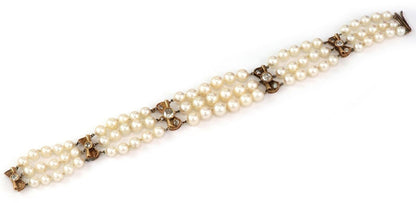 Mikimoto Diamond 14k Yellow Gold Triple Strand Akoya Pearl Bracelet