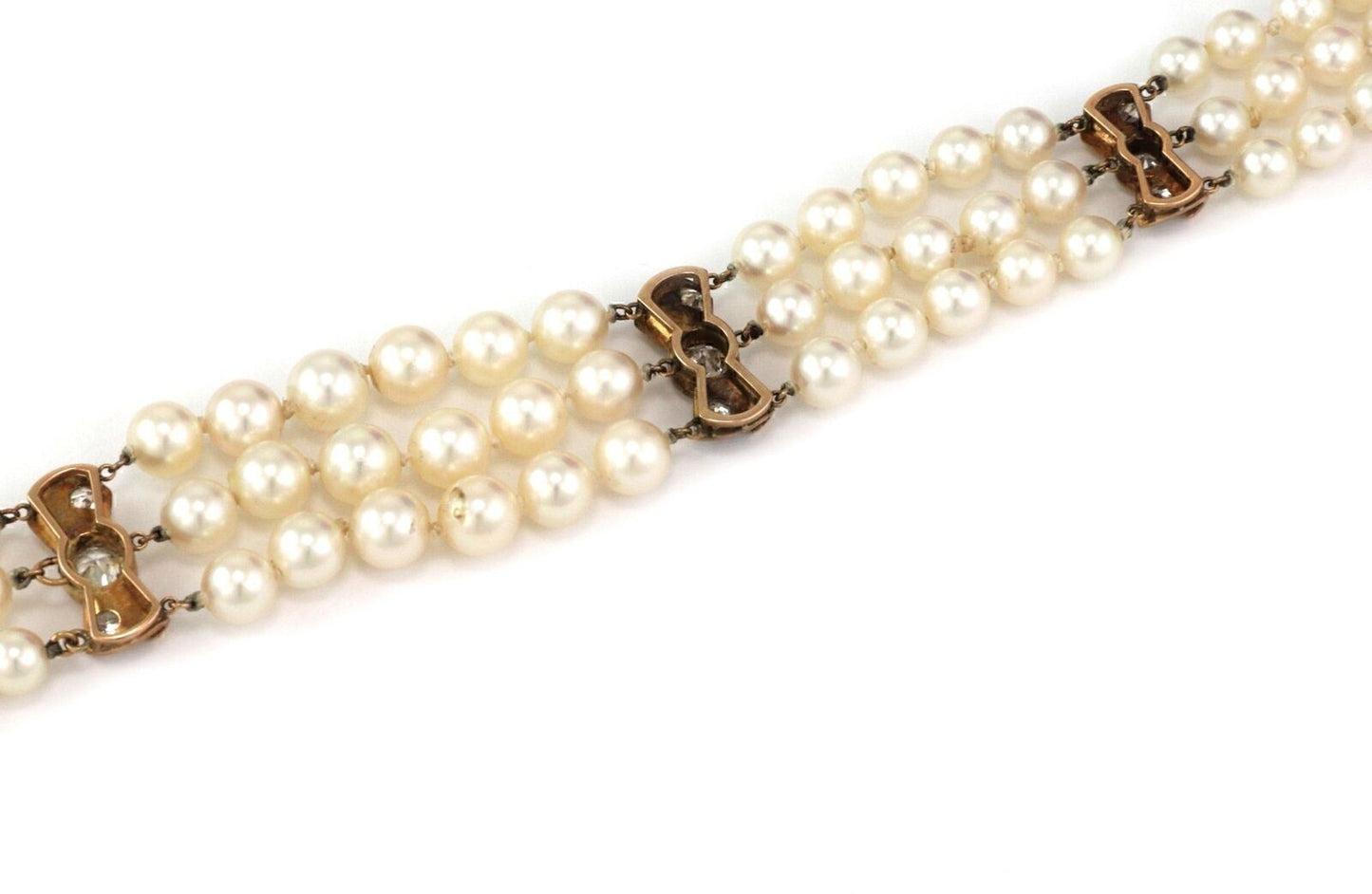 Mikimoto Diamond 14k Yellow Gold Triple Strand Akoya Pearl Bracelet