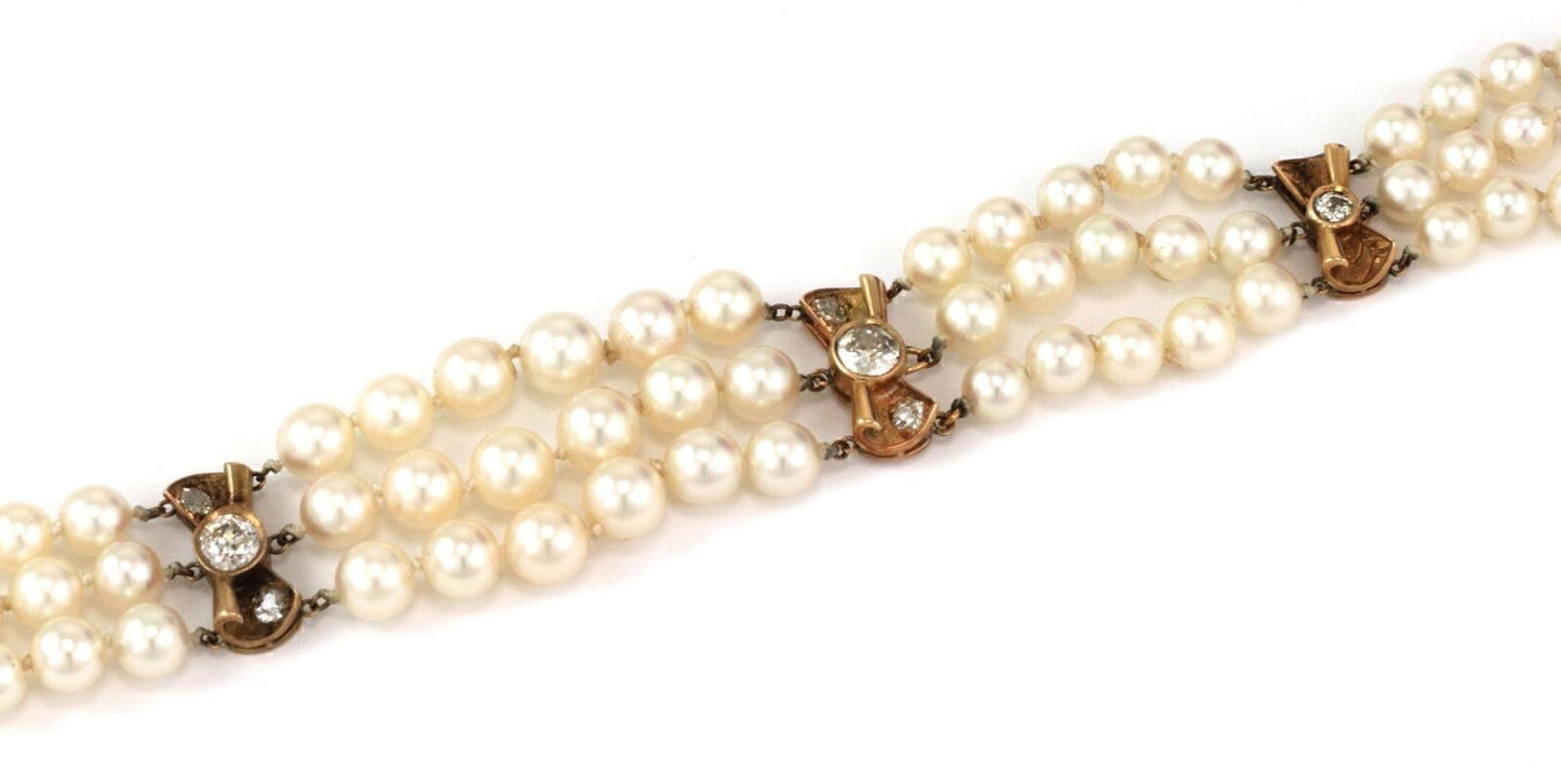 Mikimoto Diamond 14k Yellow Gold Triple Strand Akoya Pearl Bracelet