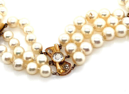 Mikimoto Diamond 14k Yellow Gold Triple Strand Akoya Pearl Bracelet