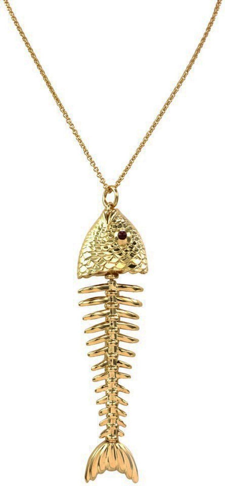 Tiffany & Co. Ruby 18k Yellow Gold Large Fish Bone Pendant Necklace - RARE!