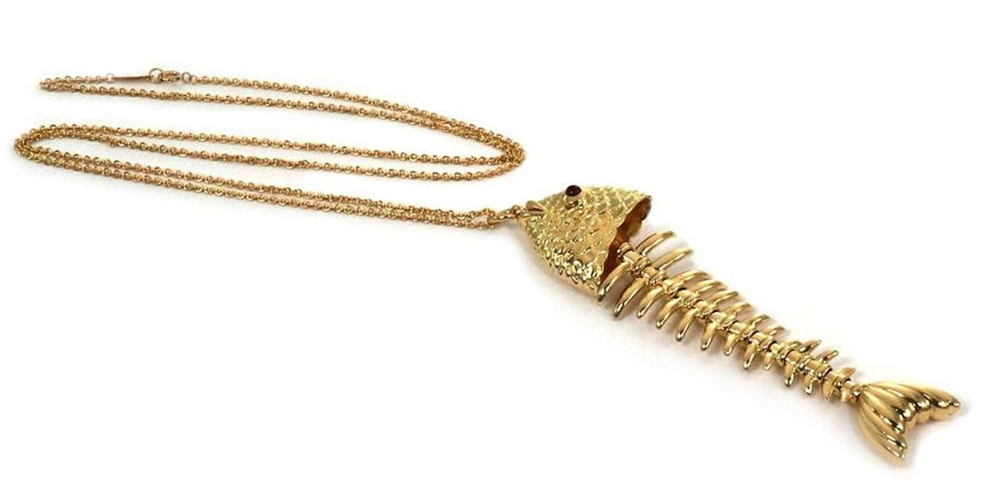 Tiffany & Co. Ruby 18k Yellow Gold Large Fish Bone Pendant Necklace - RARE!