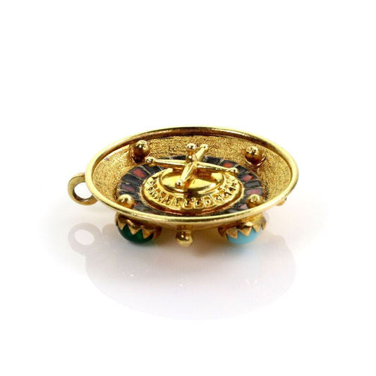 Turquoise & Coral  18k Gold Roulette Game Reversible Charm Pendant