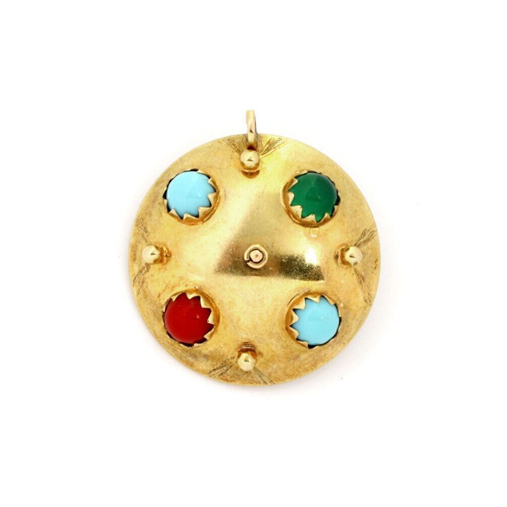 Turquoise & Coral  18k Gold Roulette Game Reversible Charm Pendant