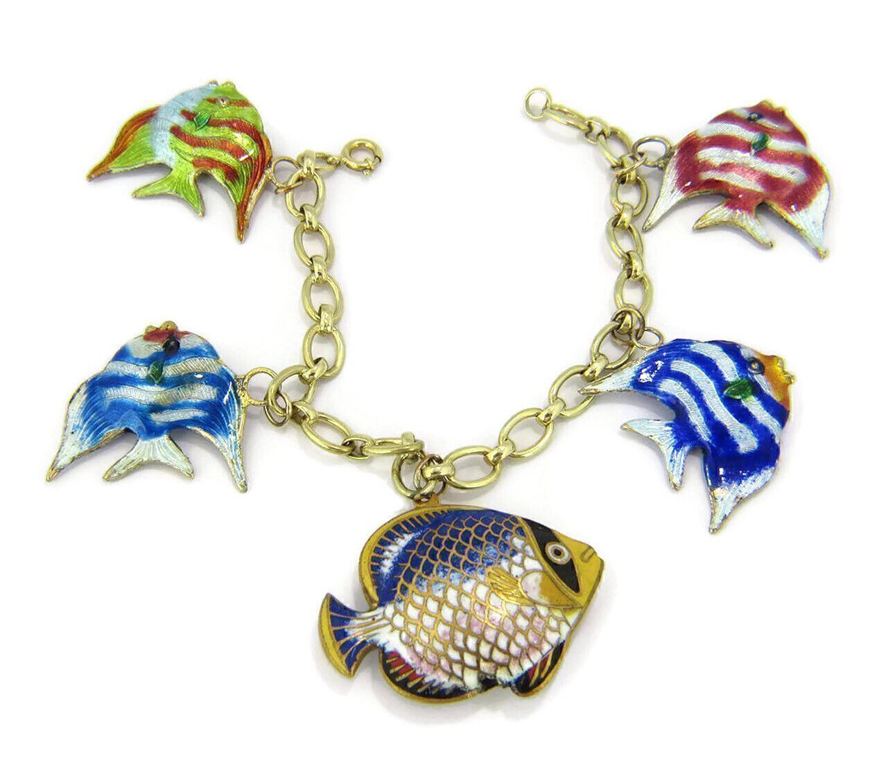 Multi-Color Enamel 5 Fish 14k Yellow Gold Charms Chain Bracelet