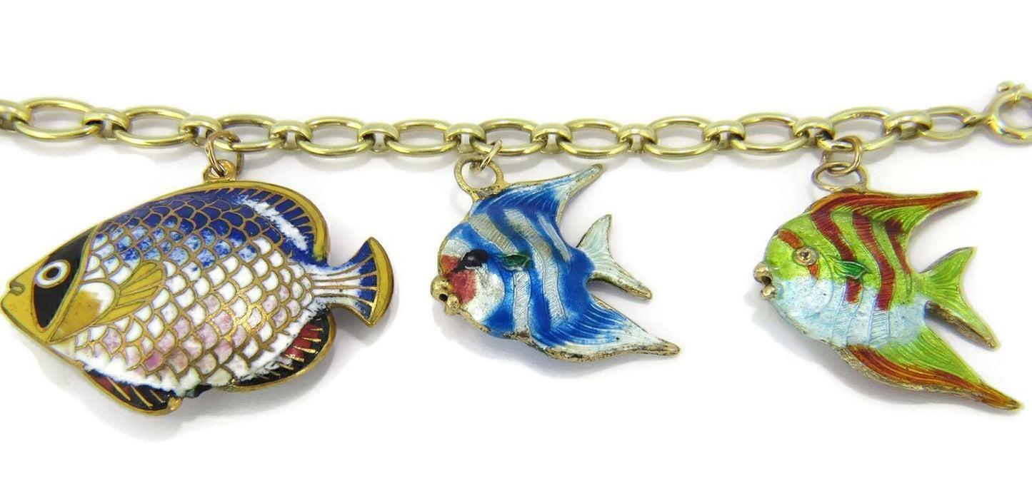 Multi-Color Enamel 5 Fish 14k Yellow Gold Charms Chain Bracelet