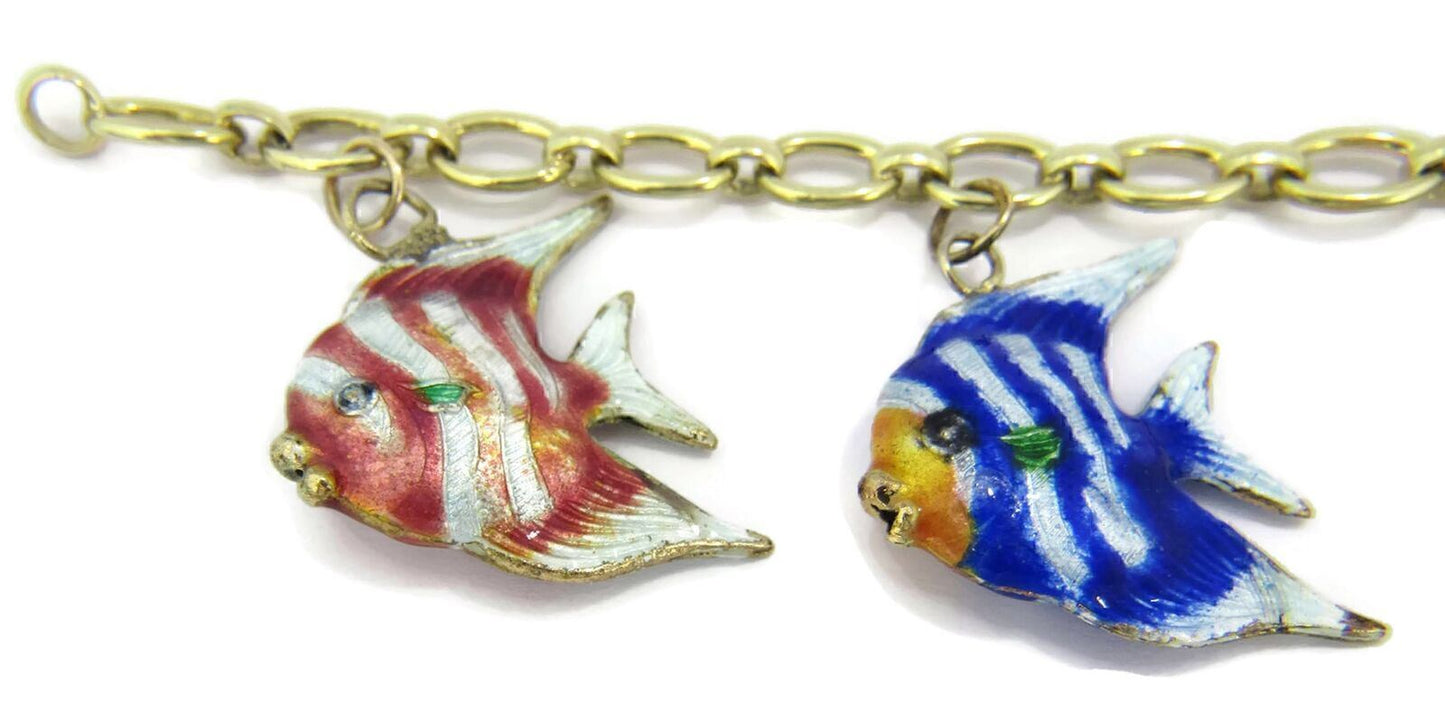 Multi-Color Enamel 5 Fish 14k Yellow Gold Charms Chain Bracelet
