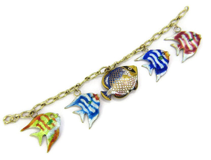 Multi-Color Enamel 5 Fish 14k Yellow Gold Charms Chain Bracelet