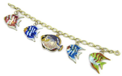 Multi-Color Enamel 5 Fish 14k Yellow Gold Charms Chain Bracelet