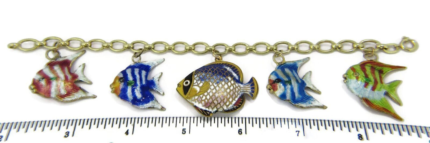 Multi-Color Enamel 5 Fish 14k Yellow Gold Charms Chain Bracelet