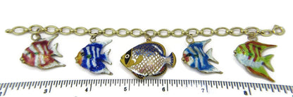 Multi-Color Enamel 5 Fish 14k Yellow Gold Charms Chain Bracelet