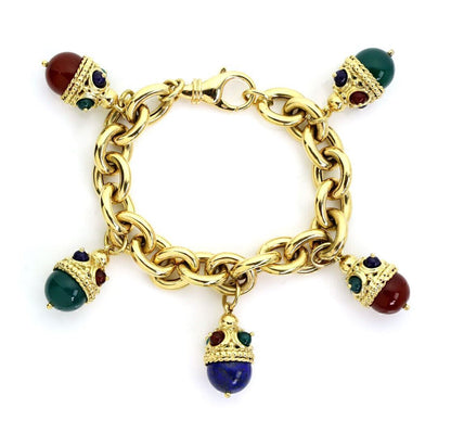 Legnazzi Multi-Color Gems 18k Yellow Gold 5 Fancy Egg Charms Chain Bracelet