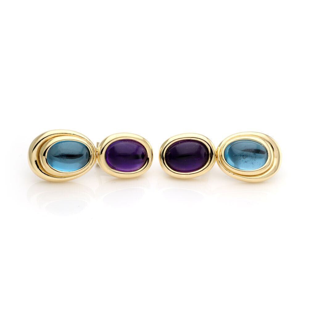 H. Stern Amethyst & Blue Topaz 18k Yellow Gold 2 Oval Tier Post Clip Earrings
