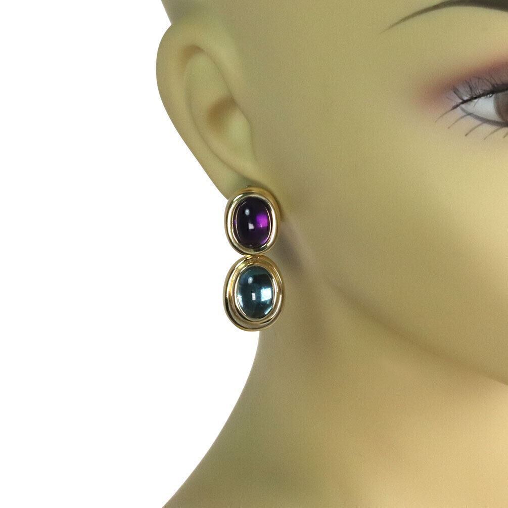 H. Stern Amethyst & Blue Topaz 18k Yellow Gold 2 Oval Tier Post Clip Earrings