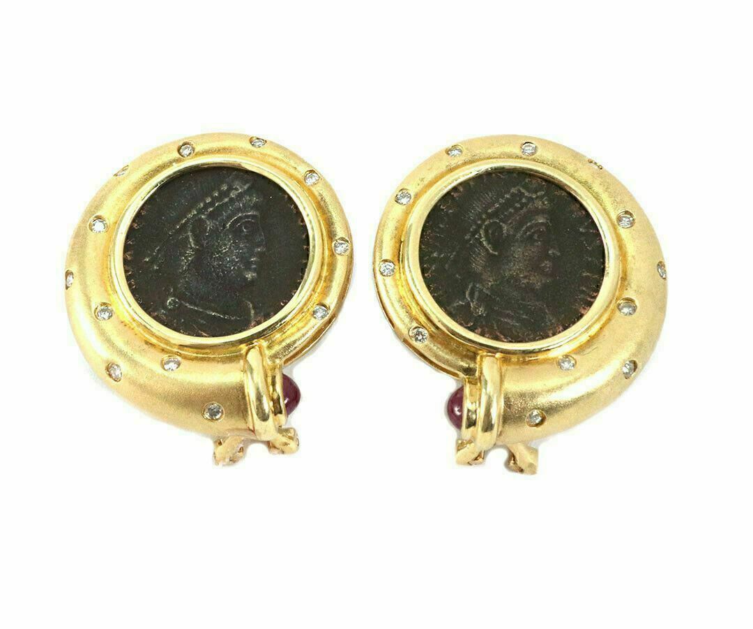Diamond Ruby Bronze Coin 18k Yellow Gold Round Post Clip Earrings