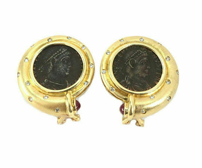 Diamond Ruby Bronze Coin 18k Yellow Gold Round Post Clip Earrings
