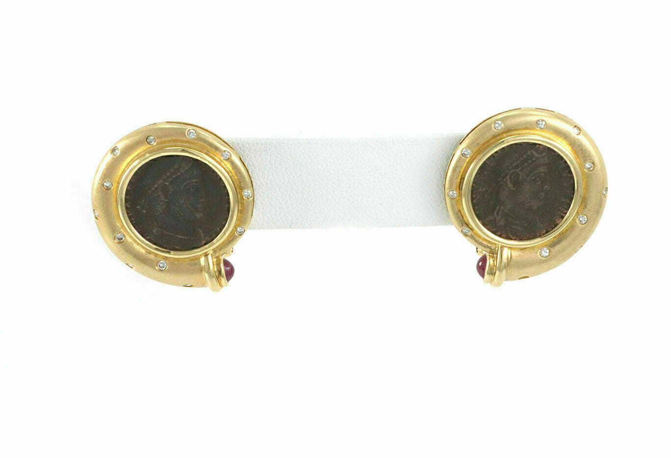 Diamond Ruby Bronze Coin 18k Yellow Gold Round Post Clip Earrings
