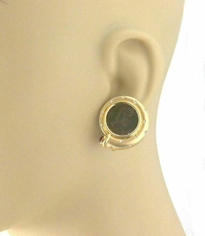 Diamond Ruby Bronze Coin 18k Yellow Gold Round Post Clip Earrings