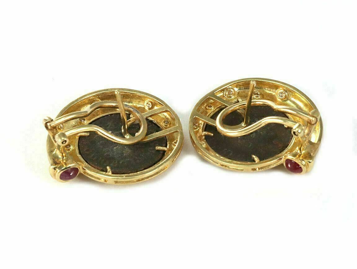 Diamond Ruby Bronze Coin 18k Yellow Gold Round Post Clip Earrings
