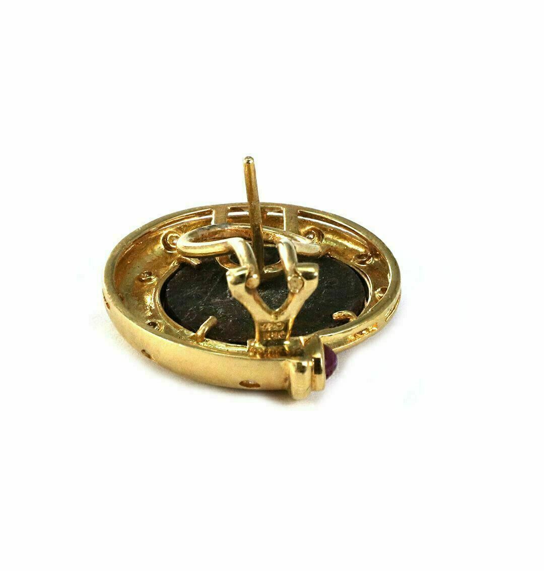 Diamond Ruby Bronze Coin 18k Yellow Gold Round Post Clip Earrings