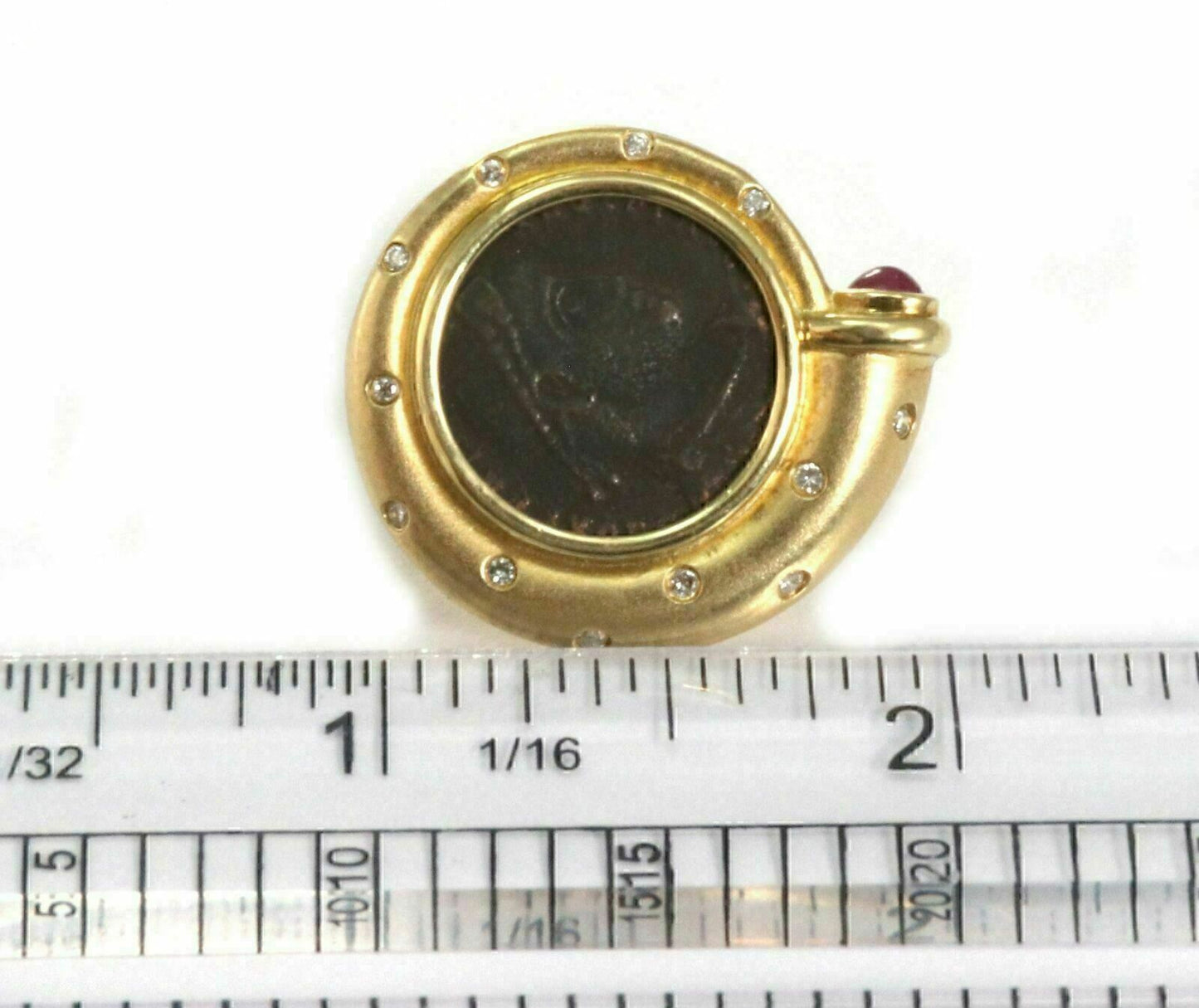 Diamond Ruby Bronze Coin 18k Yellow Gold Round Post Clip Earrings