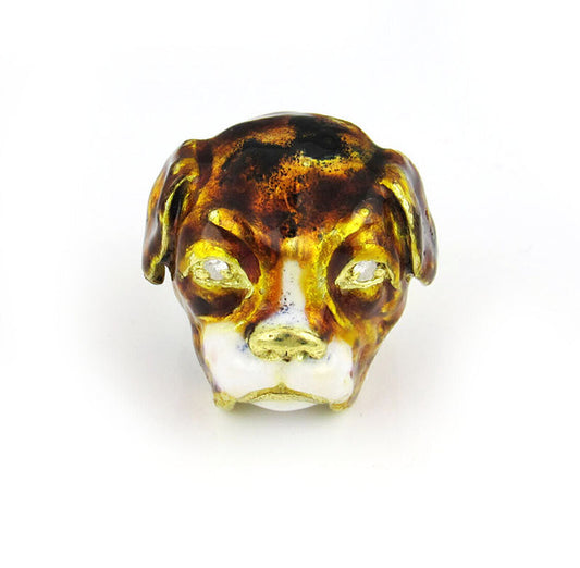 Enamel Diamond 18k Yellow Gold 3D Dog Head Ring - Size 6