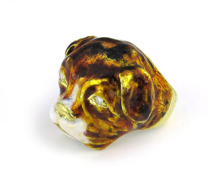 Enamel Diamond 18k Yellow Gold 3D Dog Head Ring - Size 6