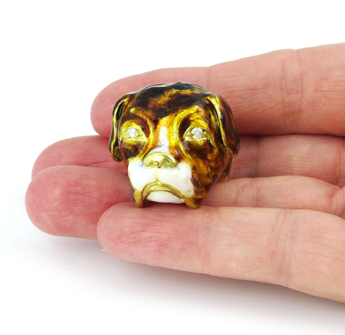 Enamel Diamond 18k Yellow Gold 3D Dog Head Ring - Size 6