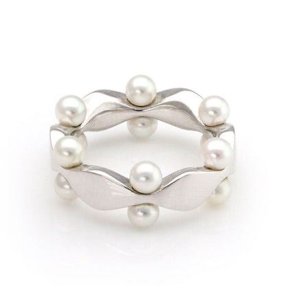 Mikimoto Akoya Pearls 18k White Gold Fancy Band Ring - Size 4