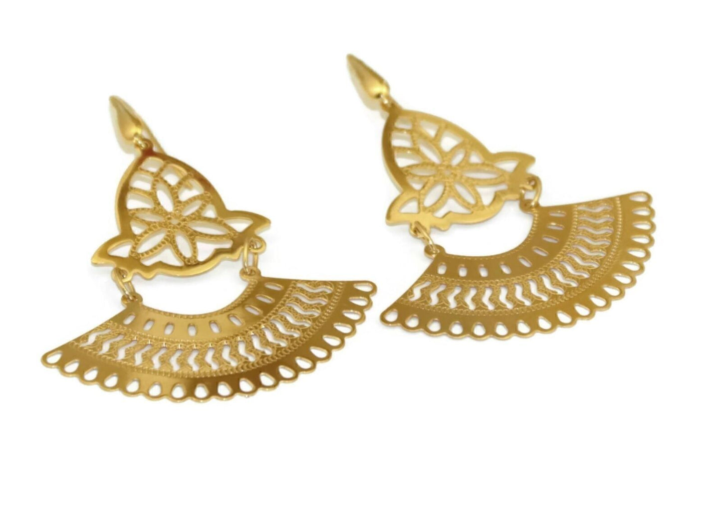 Floral Moon Boat Chandelier 14k Yellow Gold Drop Earrings