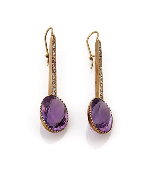 Diamond & Amethyst 18k Rose Yellow Gold Long Dangle Earrings