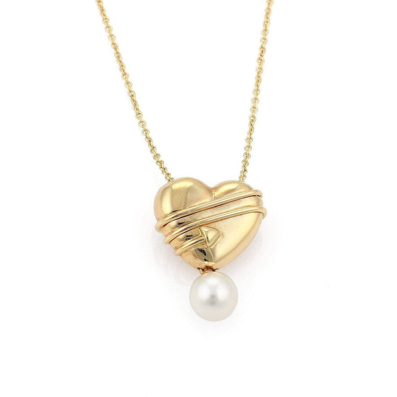 Tiffany & Co. Pearls Cupid Arrow Heart 18k Yellow Gold Pendant Necklace