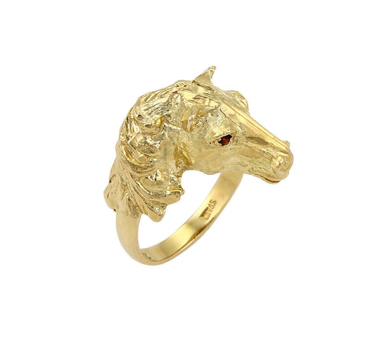 Horse Head 18k Yellow Gold Ruby Eyes Ring - Size 5.5