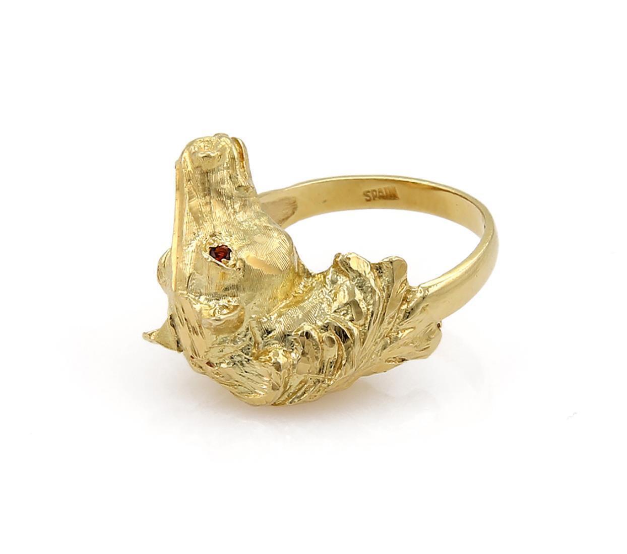 Horse Head 18k Yellow Gold Ruby Eyes Ring - Size 5.5