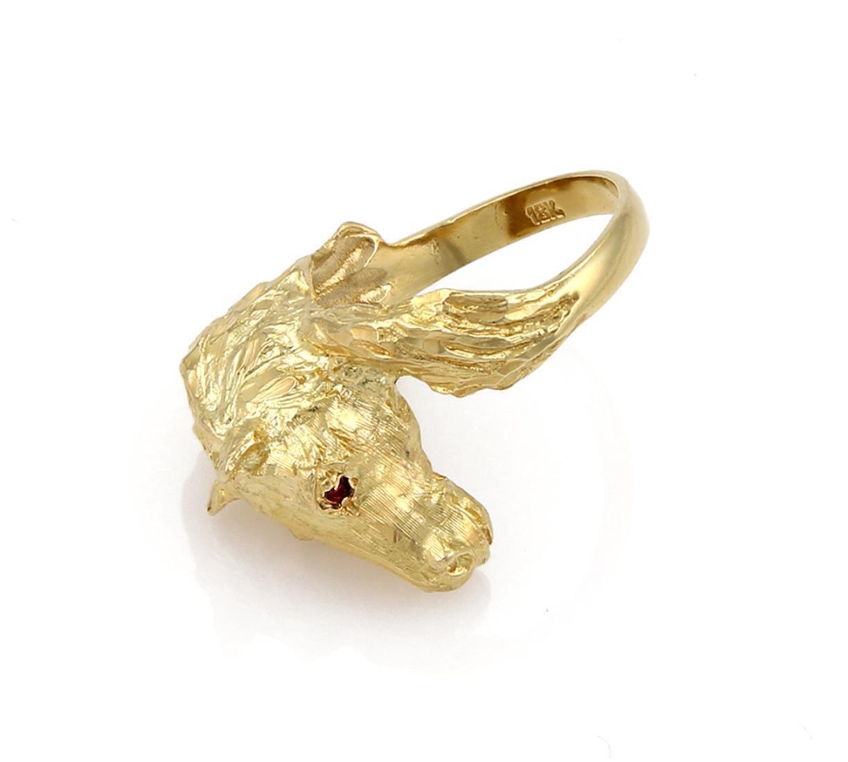 Horse Head 18k Yellow Gold Ruby Eyes Ring - Size 5.5