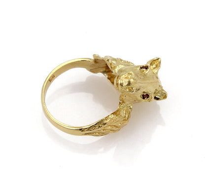 Horse Head 18k Yellow Gold Ruby Eyes Ring - Size 5.5