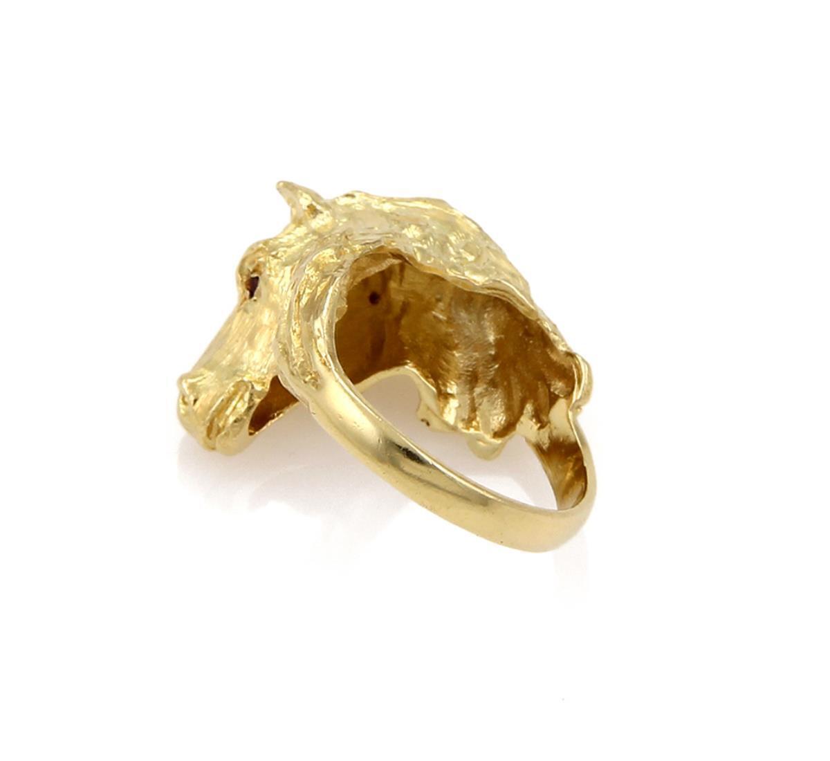 Horse Head 18k Yellow Gold Ruby Eyes Ring - Size 5.5