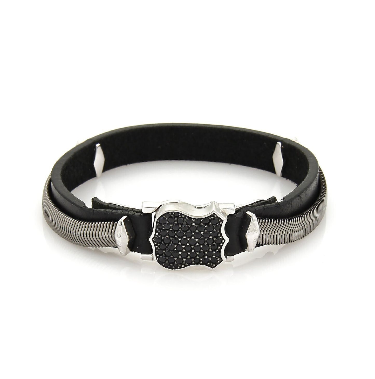 Stephen Webster High Wayman Sterling Black Sapphires & Leather Shield Bracelet